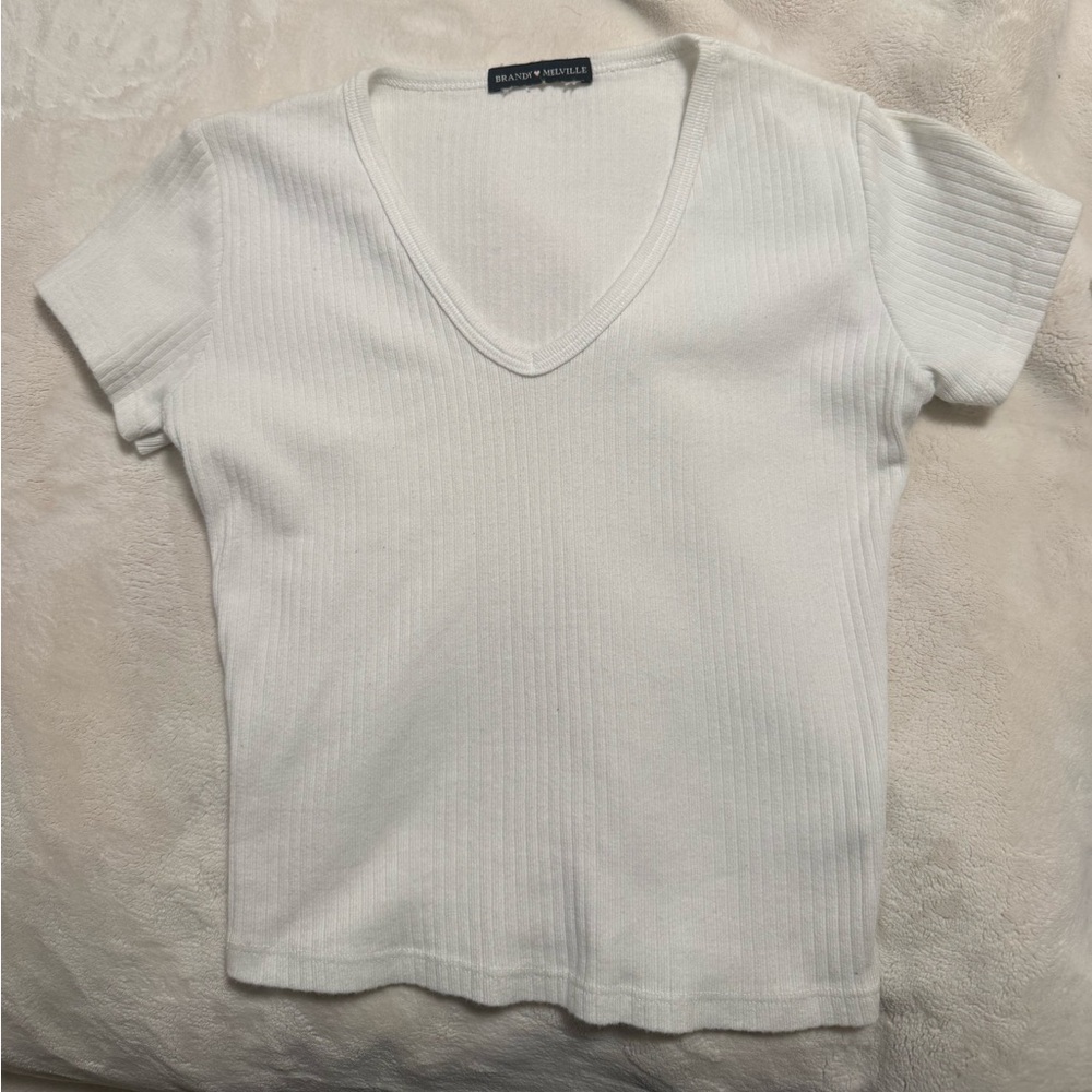 Brandy Melville White Ribbed V-Neck Tee